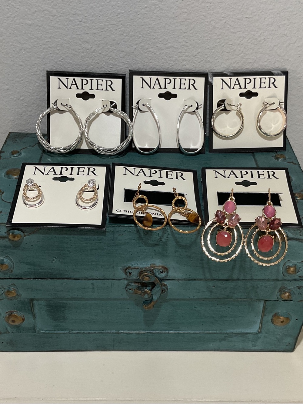 Napier Gold-Tone Pink Stone Double Hoop Drop Earrings